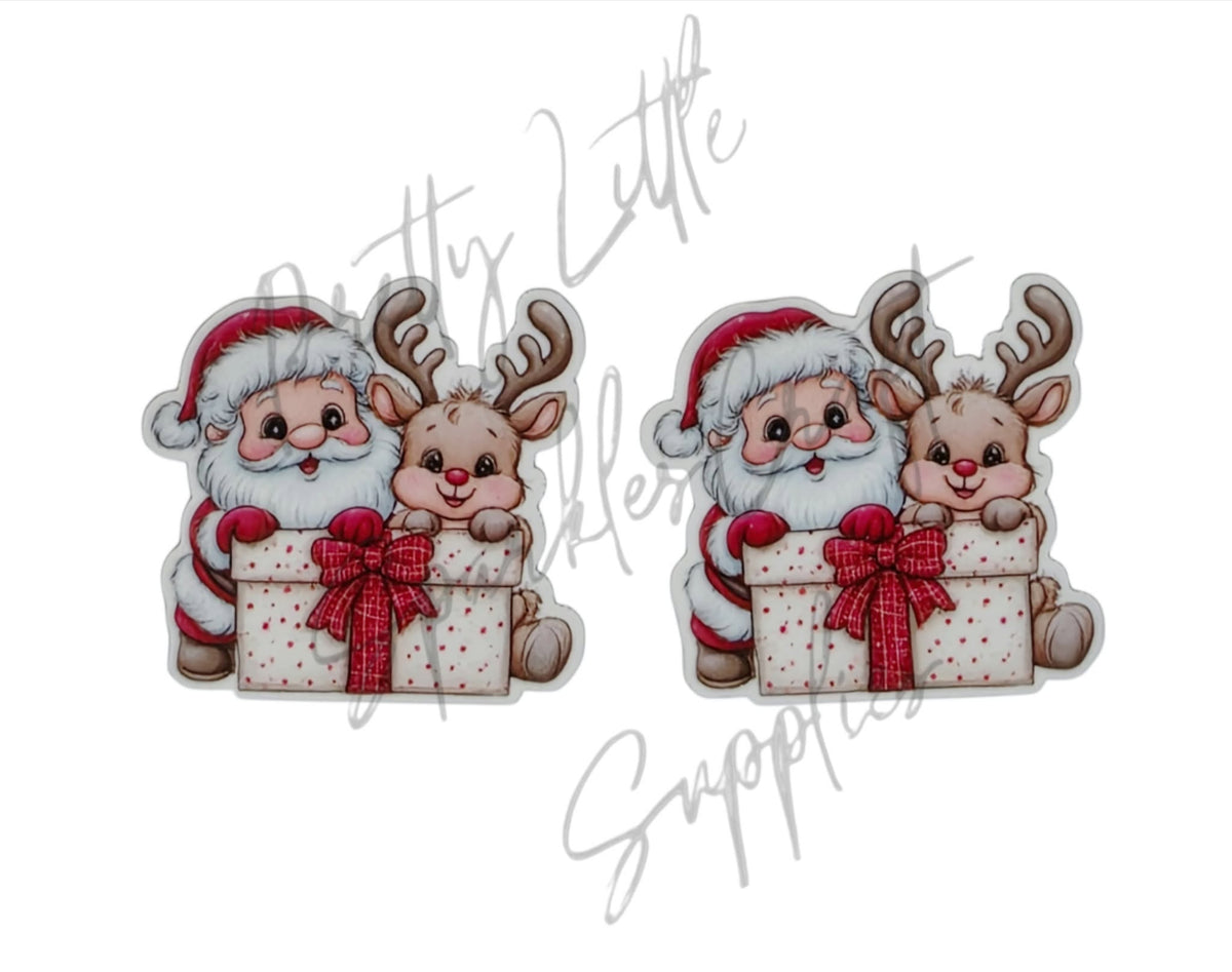 Whimsical Santa & Rudolph with Present