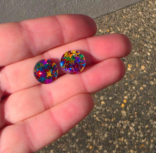 Rainbow Star Round Acrylic Glitter Toppers 14mm