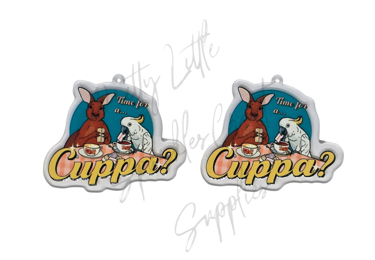 Australian Theme Kangaroo & Cockatoo Having a Cuppa (Acrylic pair with hole)
