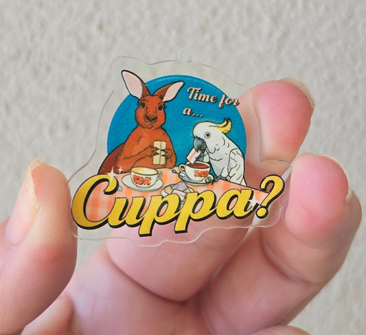 Australian Theme Kangaroo & Cockatoo Having a Cuppa (Acrylic pair with hole)