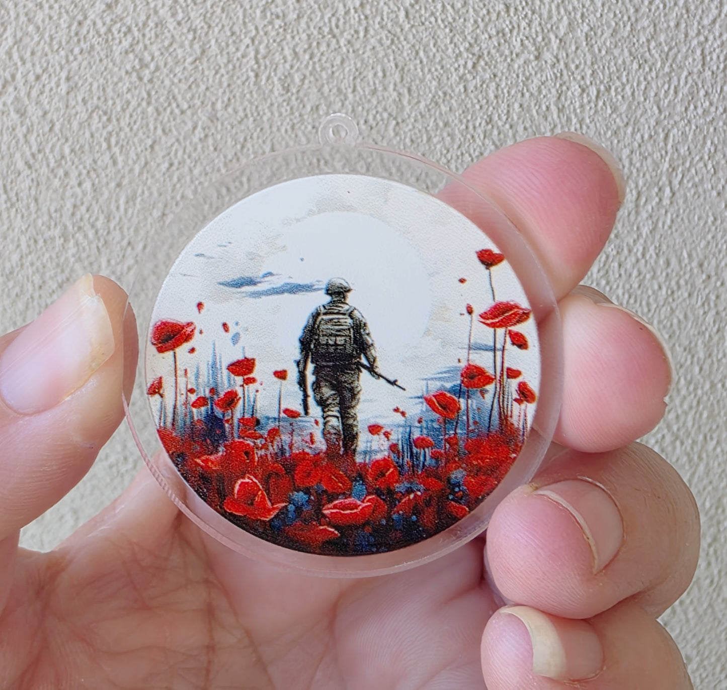Anzac - Soldier Walking Through Poppy Fields (Acrylic pair with hole)